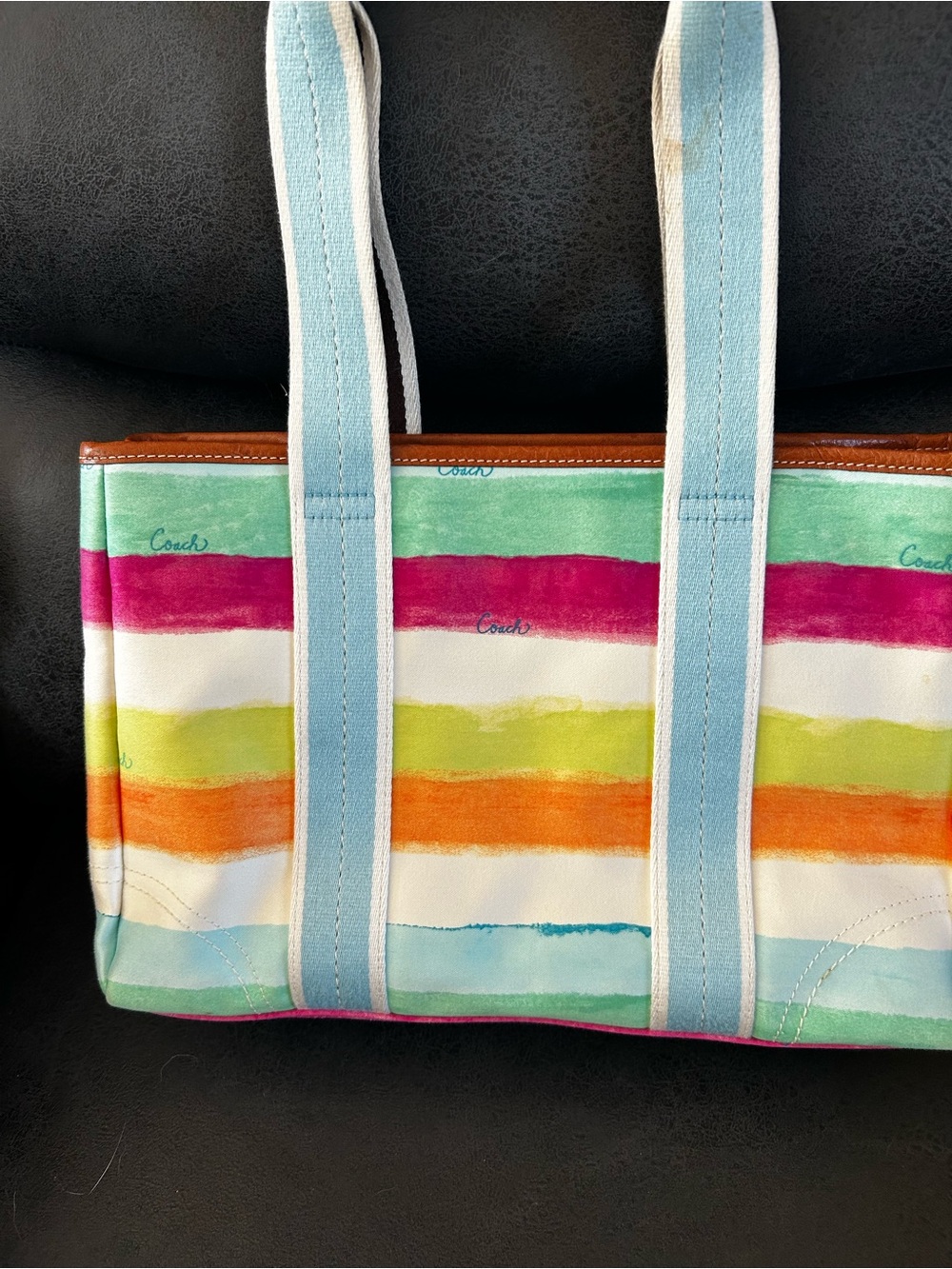 Coach Hampton Stipe Watercolor Canvas Tote in Pastel Rainbow Style 10067 - Picture 3 of 7